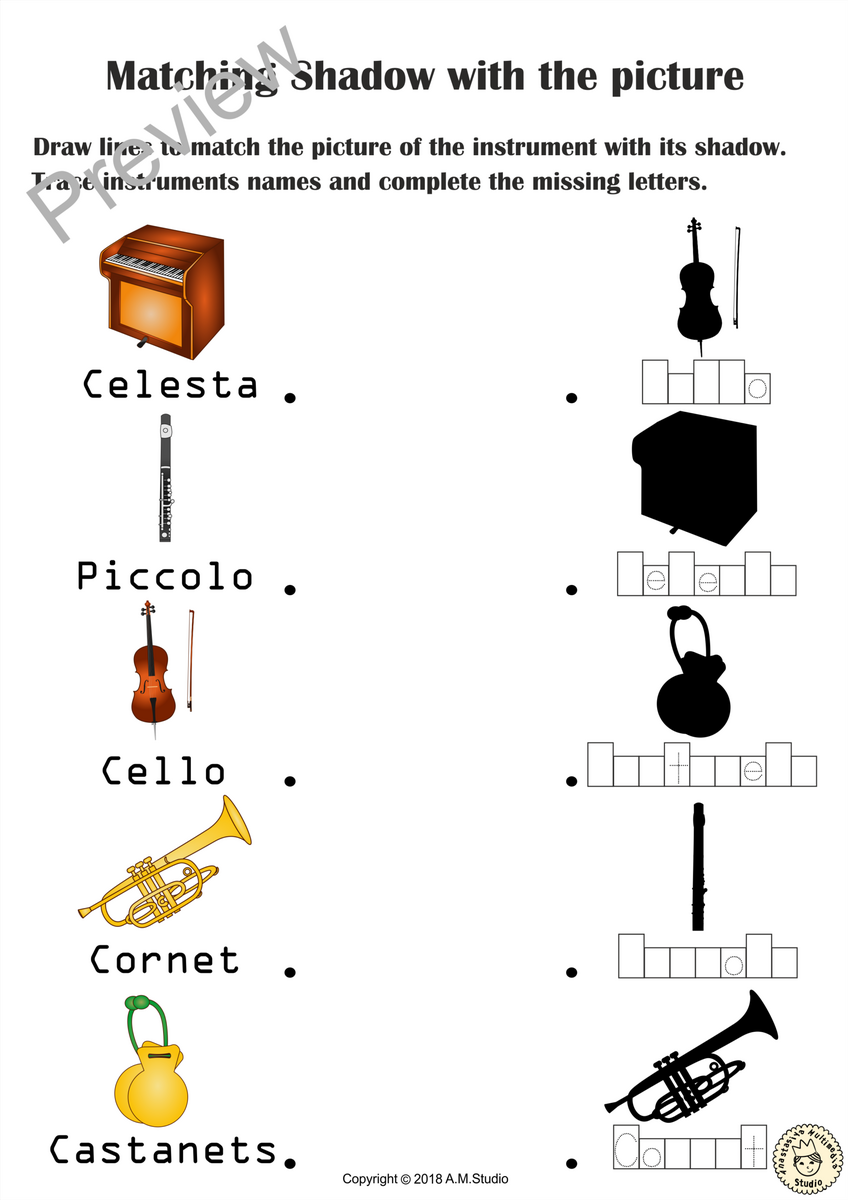 Musical Instruments Shadow Matching Worksheets