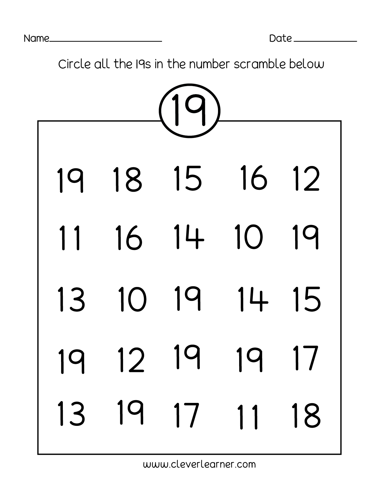 Number 19 Writing Counting And Identification Printable Worksheets For Children