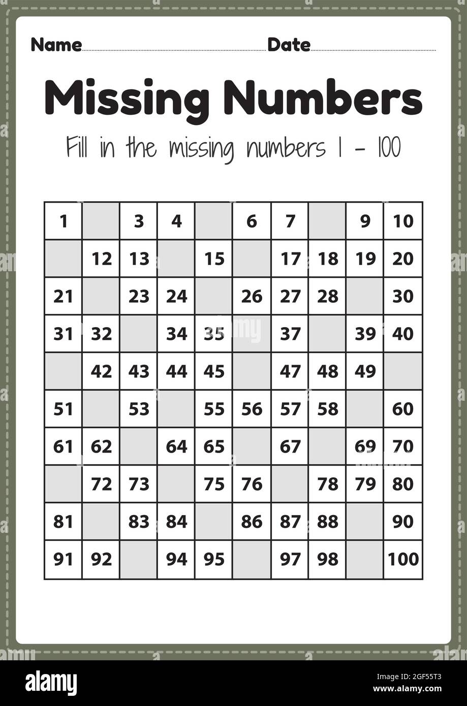 Number Worksheets Missing Numbers 1 To 100 Printable Sheet For Preschool And Kindergarten Kids Activity To Learn Basic Mathematics Skills Stock Vector Image Art Alamy Missing Number Games For Kindergarten Worksheets