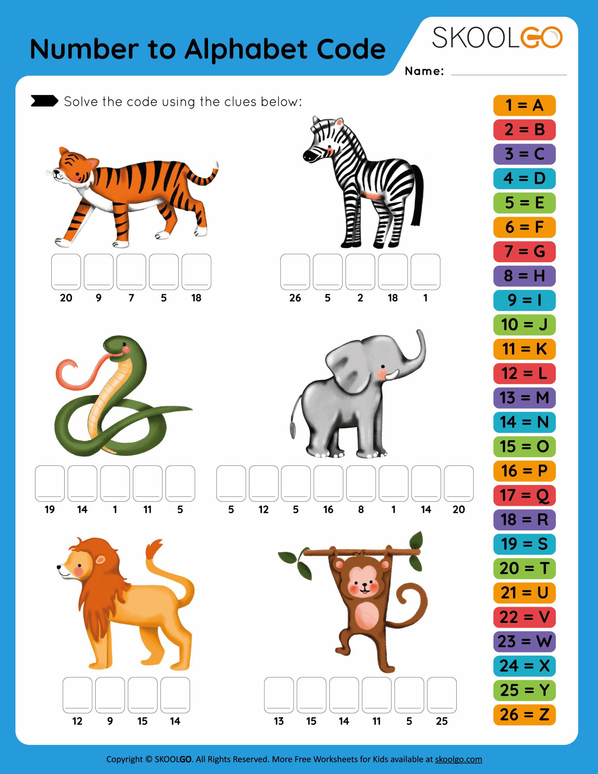 Numbers To Alphabet Code Free Worksheet For Kids SKOOLGO Numbers To Alphabet Code Free Worksheet For Kids SKOOLGO