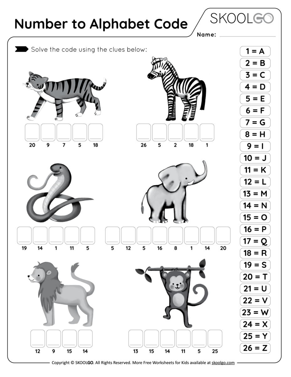 Numbers To Alphabet Code Free Worksheet For Kids SKOOLGO