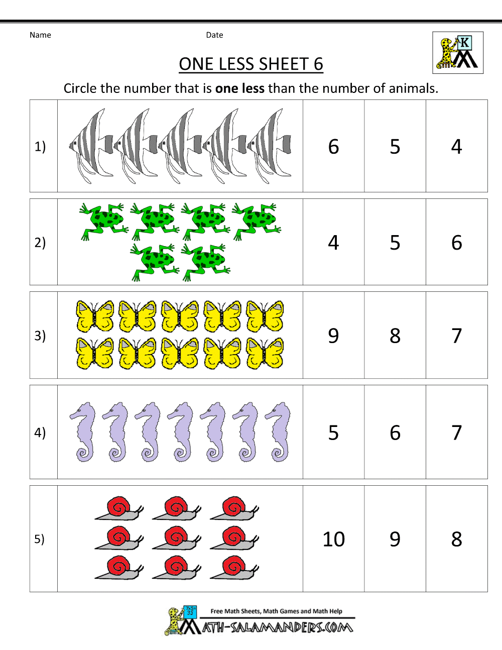 One Less Worksheet