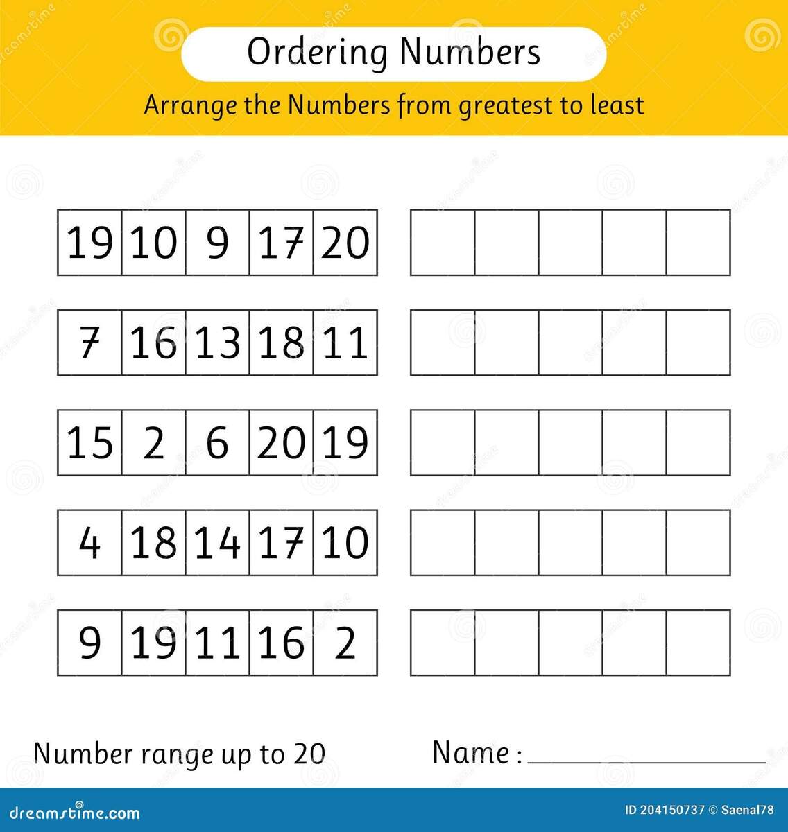 Ordering Numbers Worksheet Arrange The Numbers From Greatest To Least Math Stock Vector Illustration Of Elementary Development 204150737