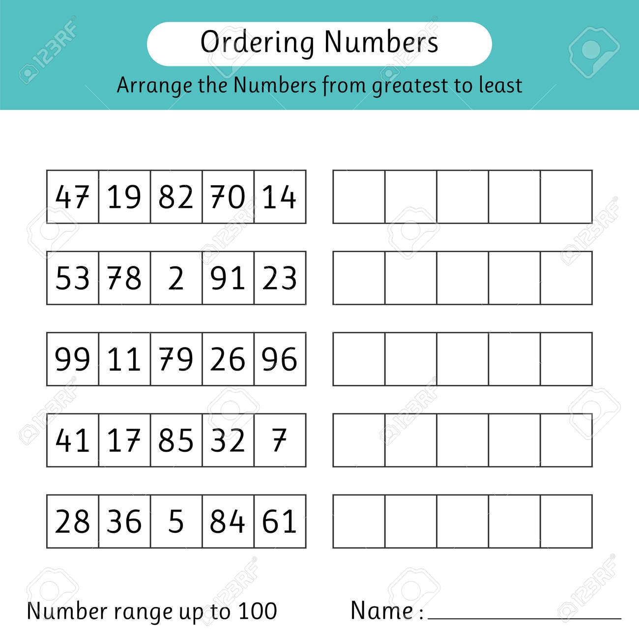 Ordering Numbers Worksheet Arrange The Numbers From Greatest To Least Mathematics Number Range Up To 100 Vector Illustration Royalty Free SVG Cliparts Vectors And Stock Illustration Image 168785819