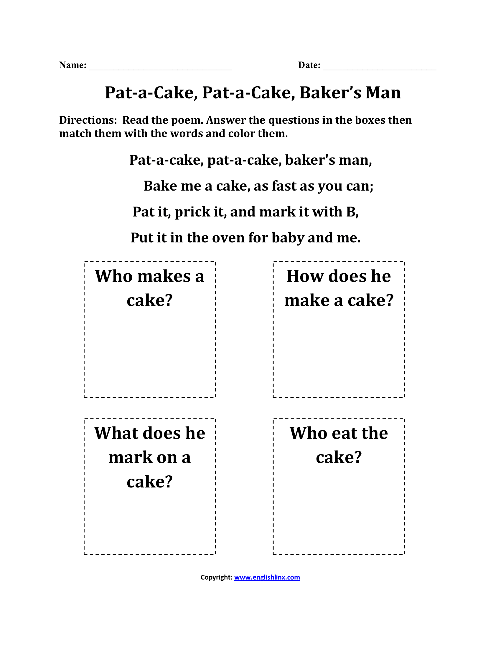 Pat A Cake Worksheet Kindergarten Poetry And Comprehension Printable Kindergarten Back To School Poems Worksheets Download