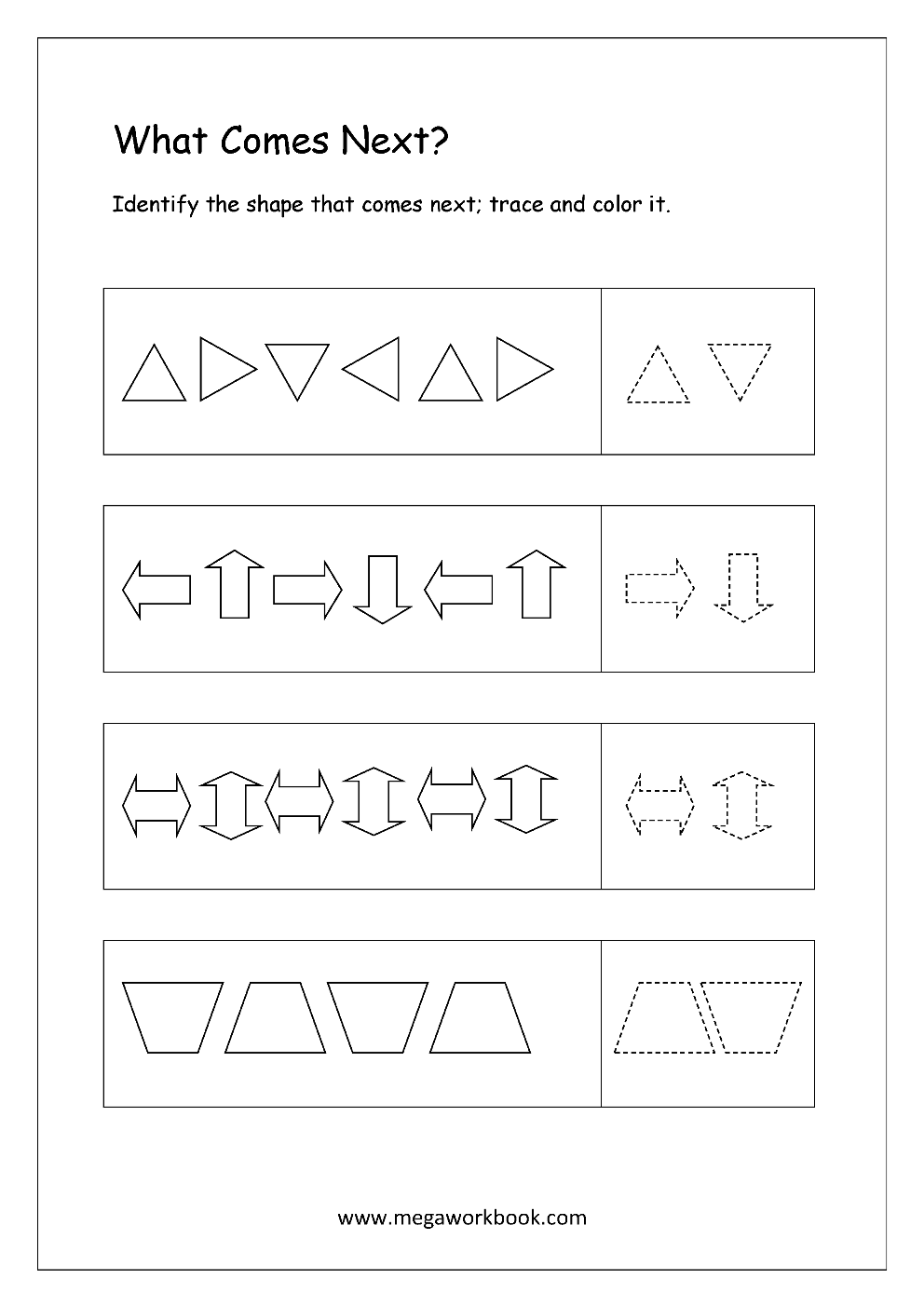 Pattern Identification What Comes Next Worksheets For Preschool Kindergarten MegaWorkbook