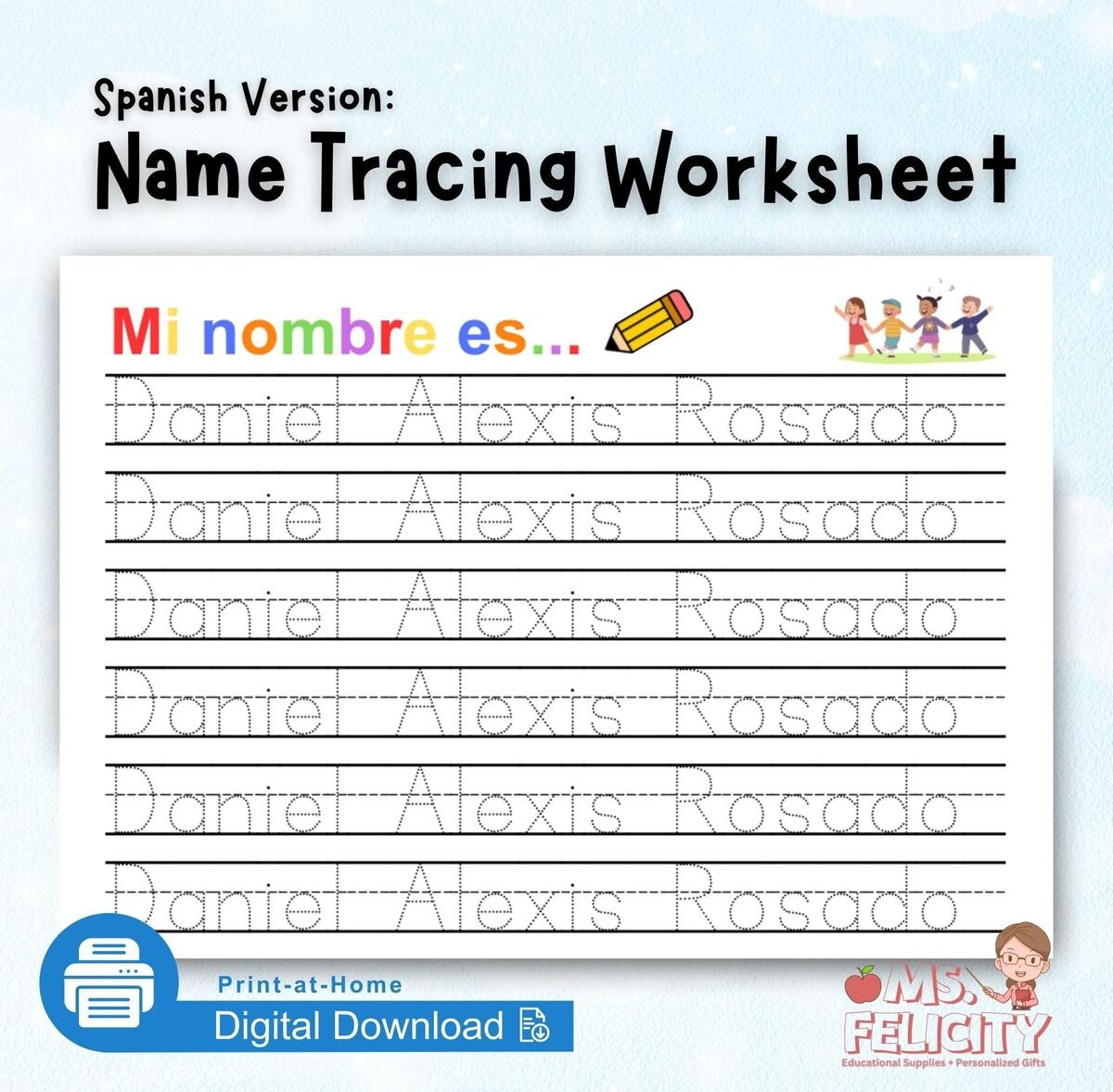 Personalized SPANISH Name Tracing Worksheet Name Trace Sheet Preschool Activity Homeschool Kindergarten First Grade Handwriting Espanol