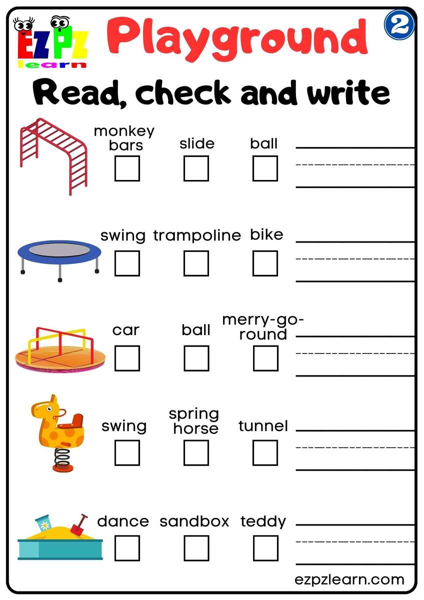 Playground Vocabulary 2 Read Check And Write Worksheet For Kindergarten And ESL Students Free Download Ezpzlearn Free Kindergarten English Worksheet