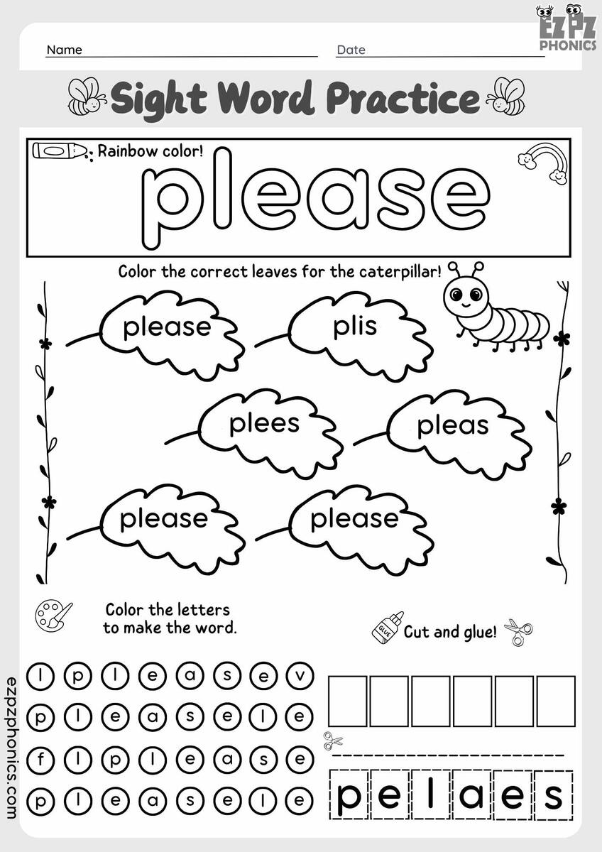 Please Kindergarten Sight Word Coloring And Cut And Paste Activities Ezpzphonics