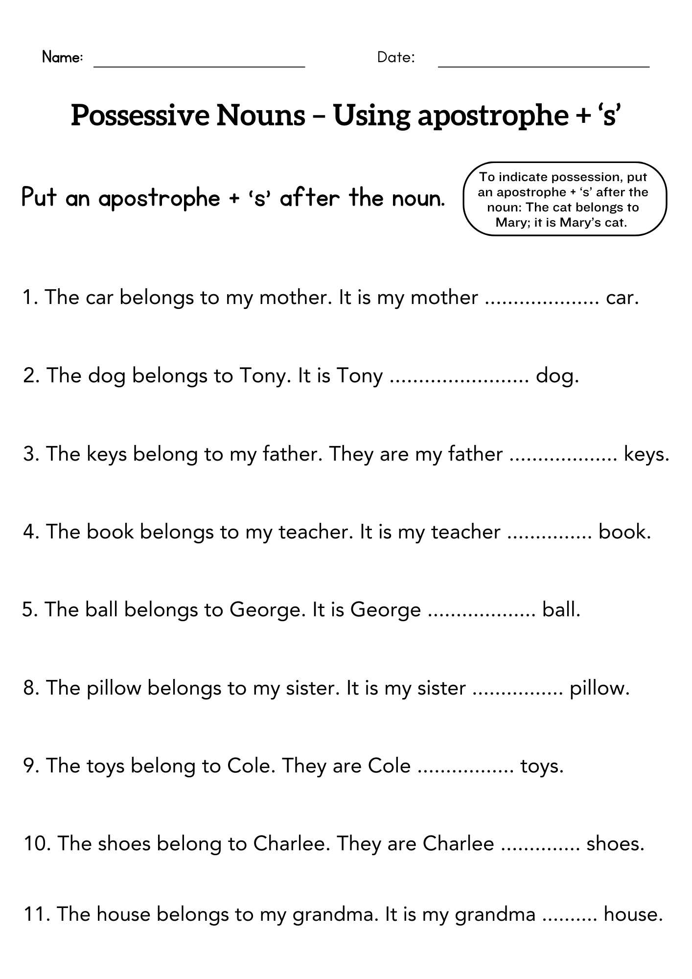 Possessives Look At The Images And Then Write The Sentences Grammar Worksheet Pdf Ezpzlearn