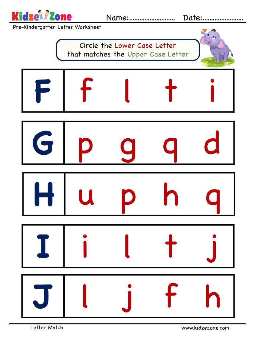 PreK Letter Matching Exercise Upper Case To Lower Case