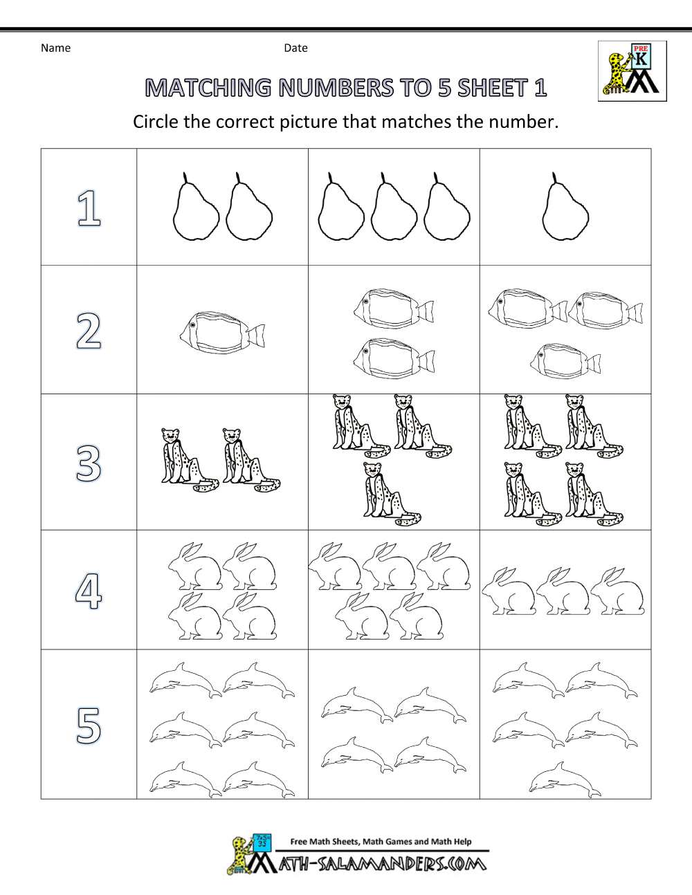 Preschool Math Worksheets Matching To 5