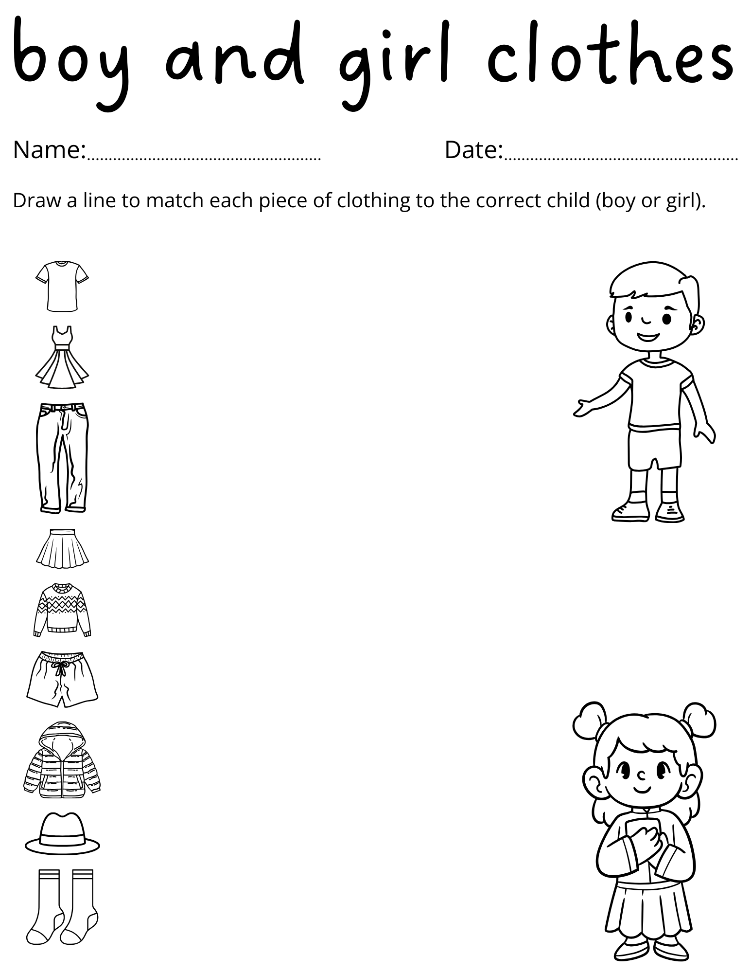 Printable Clothing Boy And Girl Things Activities Worksheet For Kindergarten Made By Teachers Printable Clothes Shadow Matching Worksheet For Kindergarten