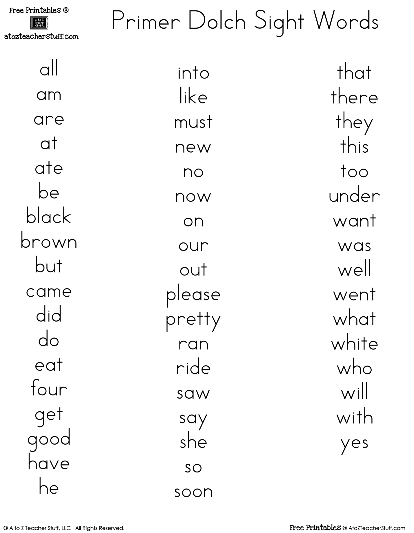Printable Dolch Word Lists A To Z Teacher Stuff