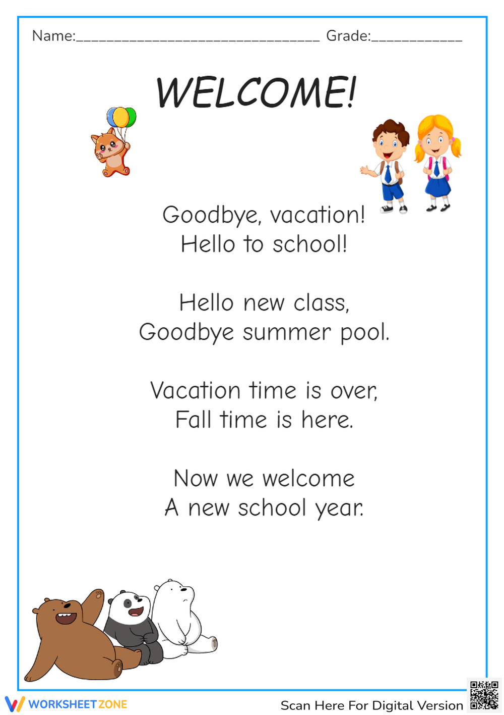 Printable Kindergarten Back To School Poems Worksheets Download Printable Kindergarten Back To School Poems Worksheets Download