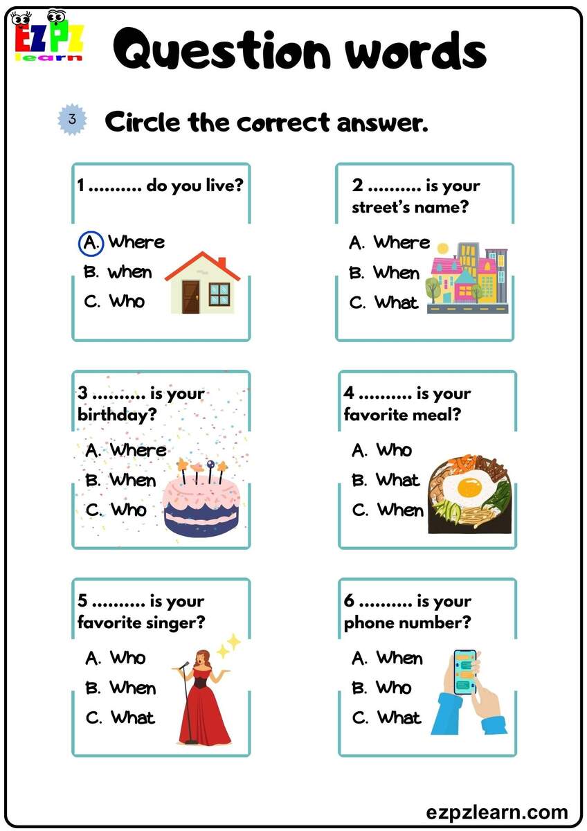 Question Words Look At The Images Then Circle And Write Correct Words Grammar Exercise Bk1 Free Pdf Ezpzlearn Question Words Worksheet Free Printable Digital PDF