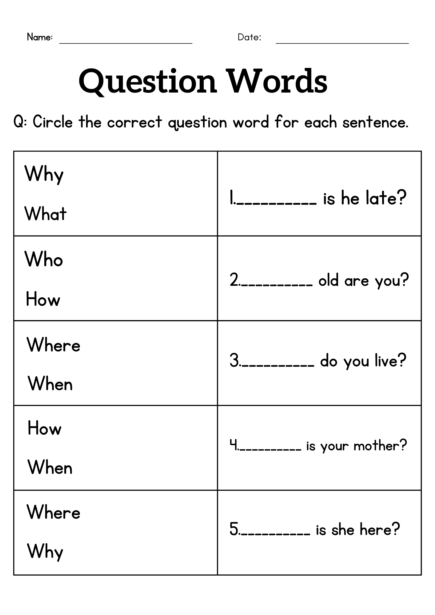 Question Words Worksheet For Grade 1 Or 2 Wh Questions Exercises For Kids Teaching Resources Who What When Where And Why Worksheet For 1st Grade Free Printable