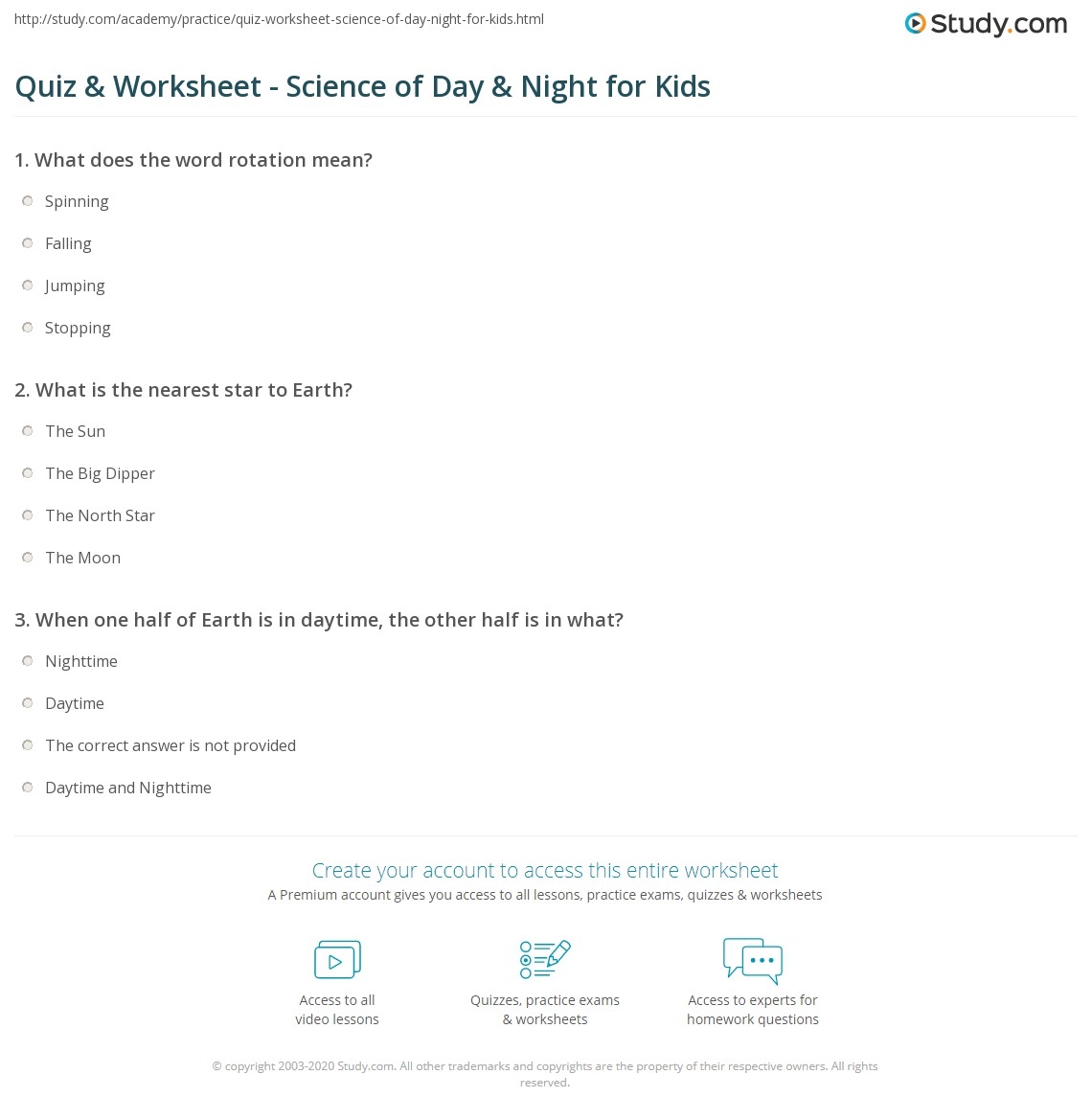 Quiz Worksheet Science Of Day Night For Kids Study