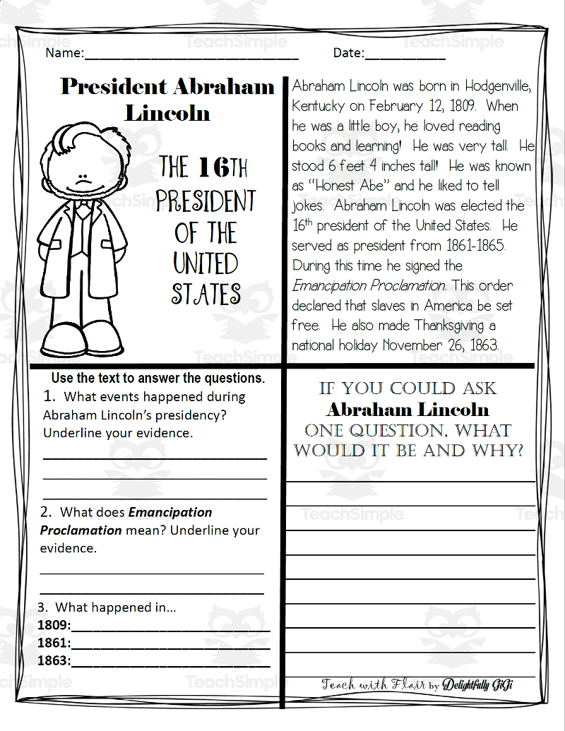 Reading Comprehension For Presidents Day President Abraham Lincoln By Teach Simple