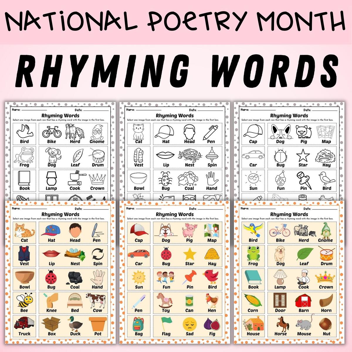 Rhyming Words Worksheets Kindergartners National Poetry Month April Activity Made By Teachers