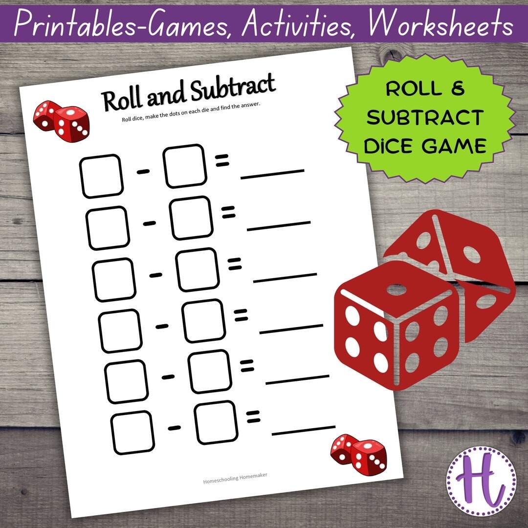 Roll And Subtract Math Practice Worksheet For Kids Kindergarten Elementary Dice Fun Math Game Etsy