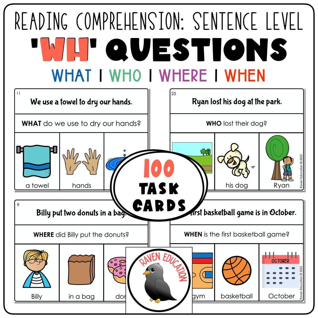 Sentence Level Reading Comprehension Wh Questions What Who Where When 100 Task Cards Etsy