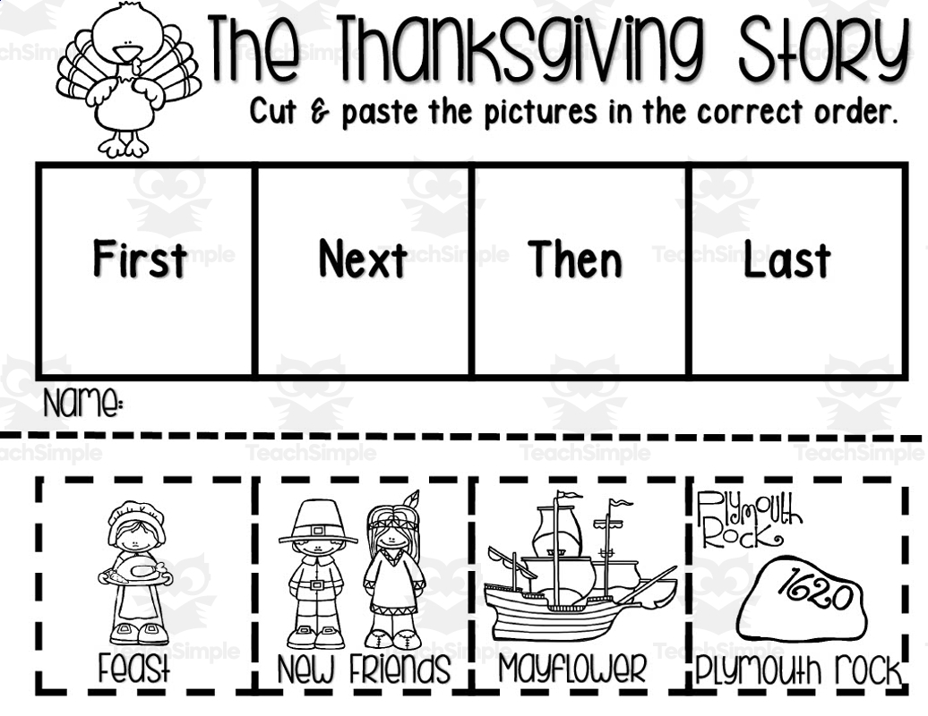 Sequence The Thanksgiving Story Activity By Teach Simple Thanksgiving Worksheets Kindergarten First Grade Workbook Printable Holiday Activity Reading Made By Teachers