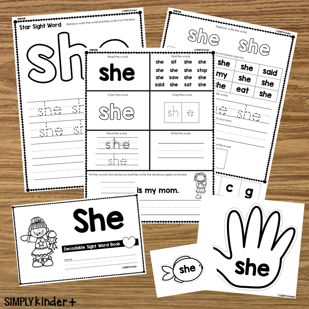 She Sight Word Activities Simply Kinder Printable Membership