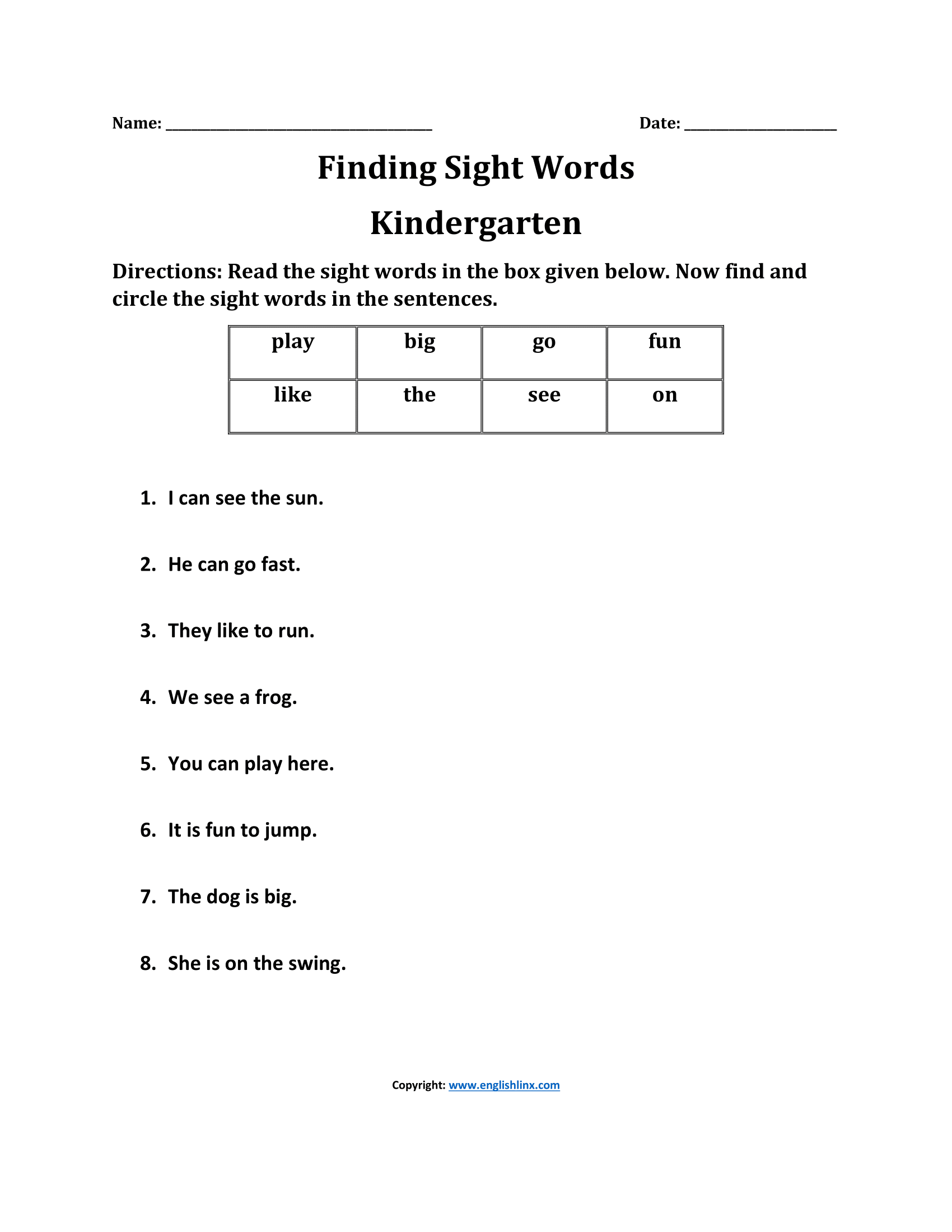 Sight Words Worksheets Finding Sight Words Kindergarten Worksheets