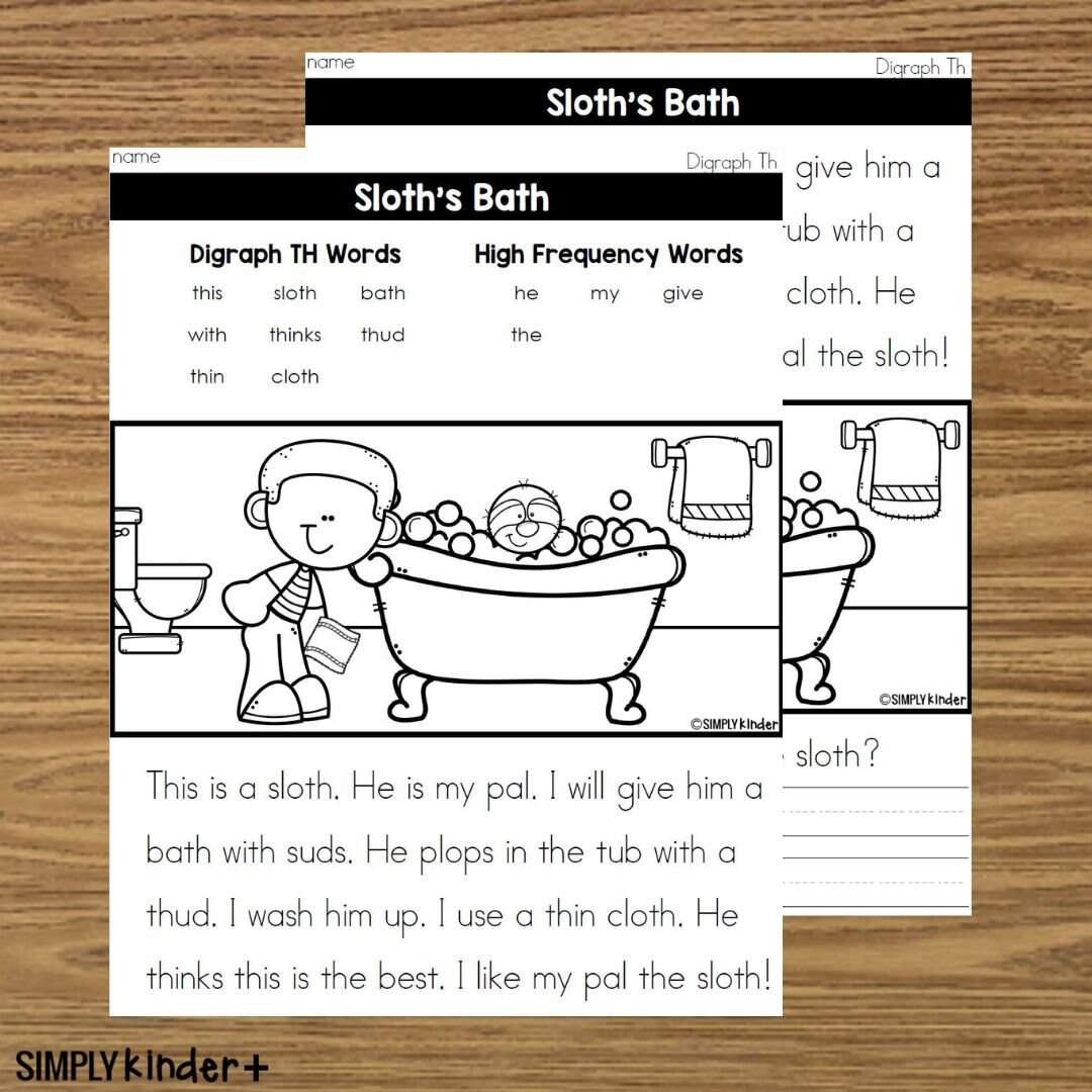 Sloth S Bath Digraph TH Quick Reading Fluency Comprehension Simply Kinder Printable Membership Sloth S Bath Digraph TH Quick Reading Fluency Comprehension Simply Kinder Printable Membership
