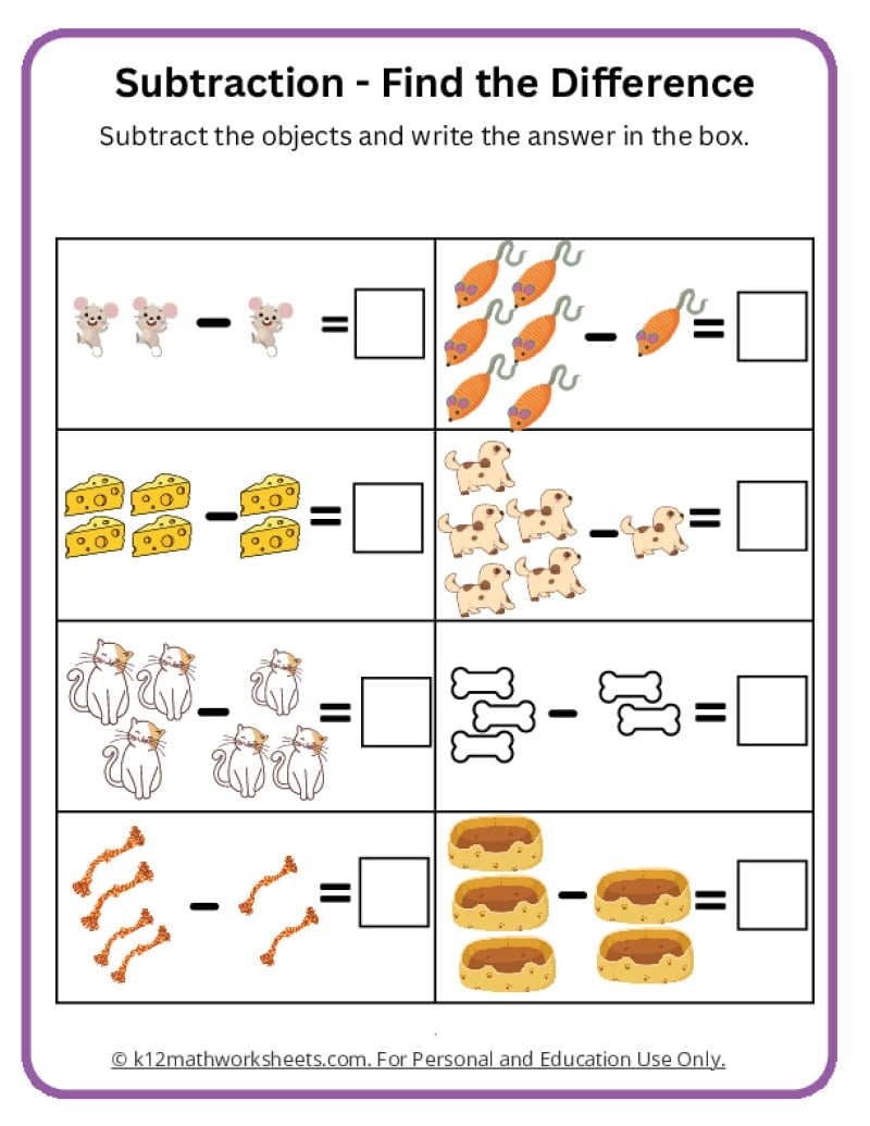 Subtract With Objects K12 Math Worksheets Basic Subtraction With Pictures Worksheet Free Printable Digital PDF