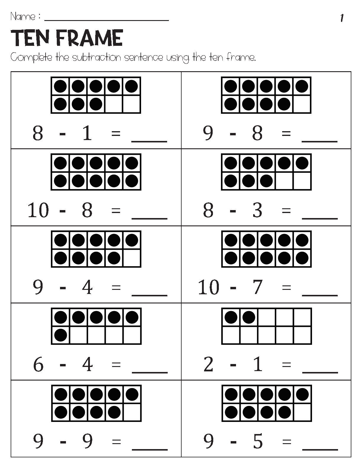 Subtraction Within 10 With Ten Frame Pictures Worksheets Etsy