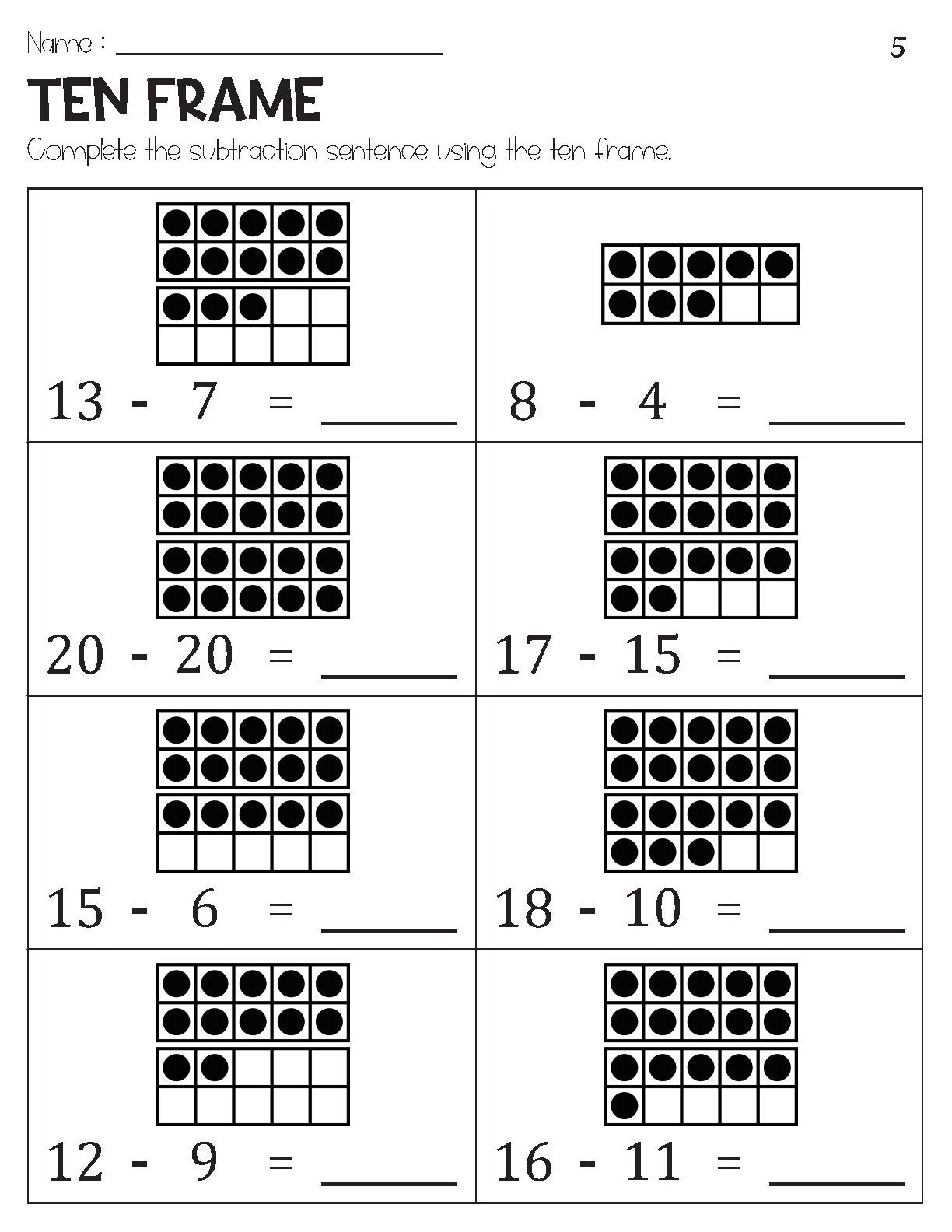 Subtraction Within 20 With Ten Frame Pictures Worksheets Etsy Subtraction Within 20 With Ten Frame Pictures Worksheets Etsy