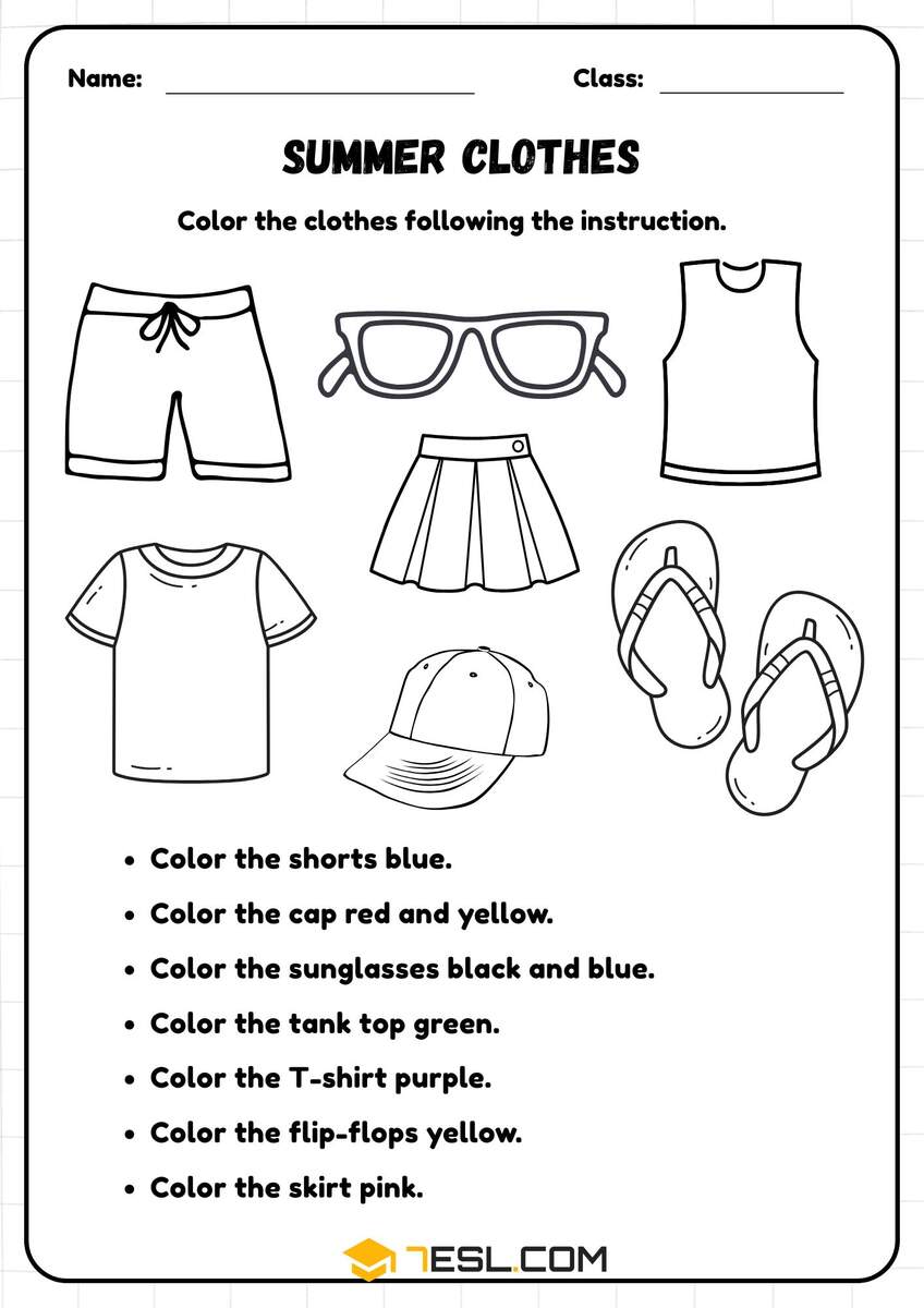Summer Clothes Worksheets For English Learners 7ESL Summer Clothes Worksheets For English Learners 7ESL