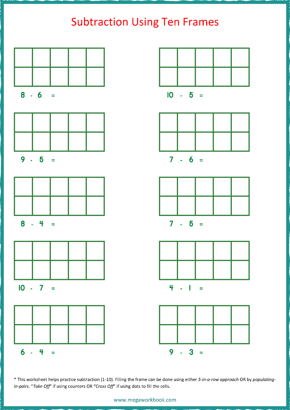 Ten Frame Worksheets Ten Frames 10 Frames Counting Addition Subtraction Even Odd Number Relationships Etc MegaWorkbook Subtraction Within 20 With Ten Frame Pictures Worksheets Etsy