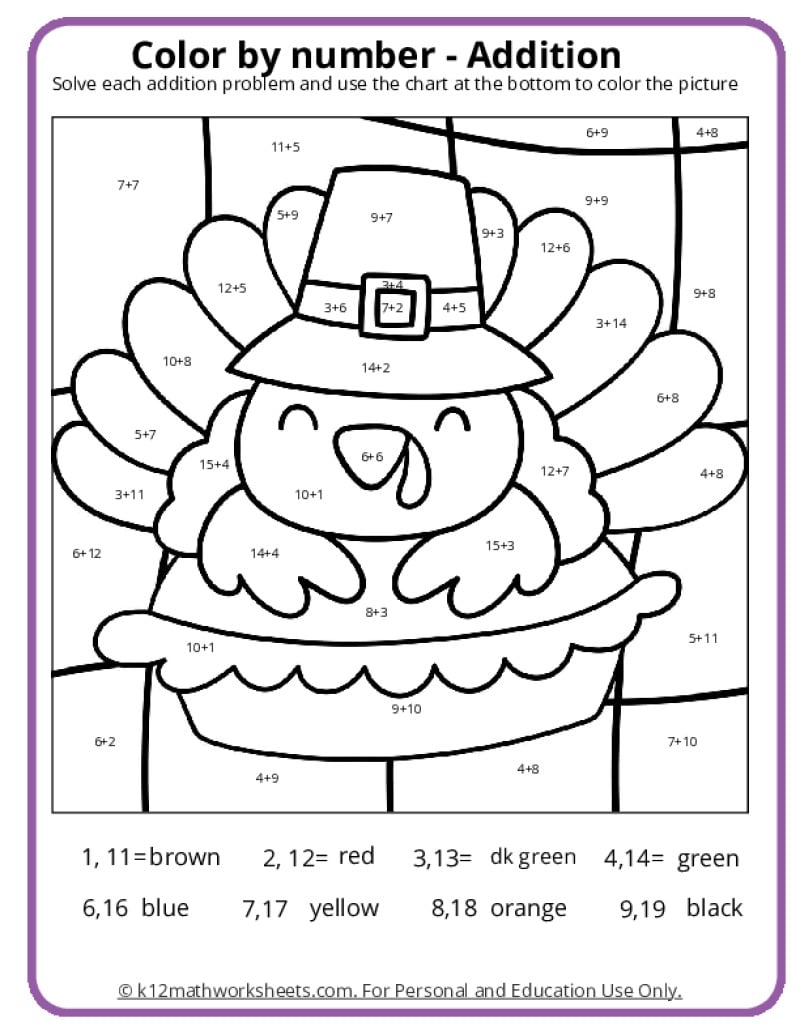 Thanksgiving Color By Number Pages K12 Math Worksheets Thanksgiving Math Activities For Kindergarten