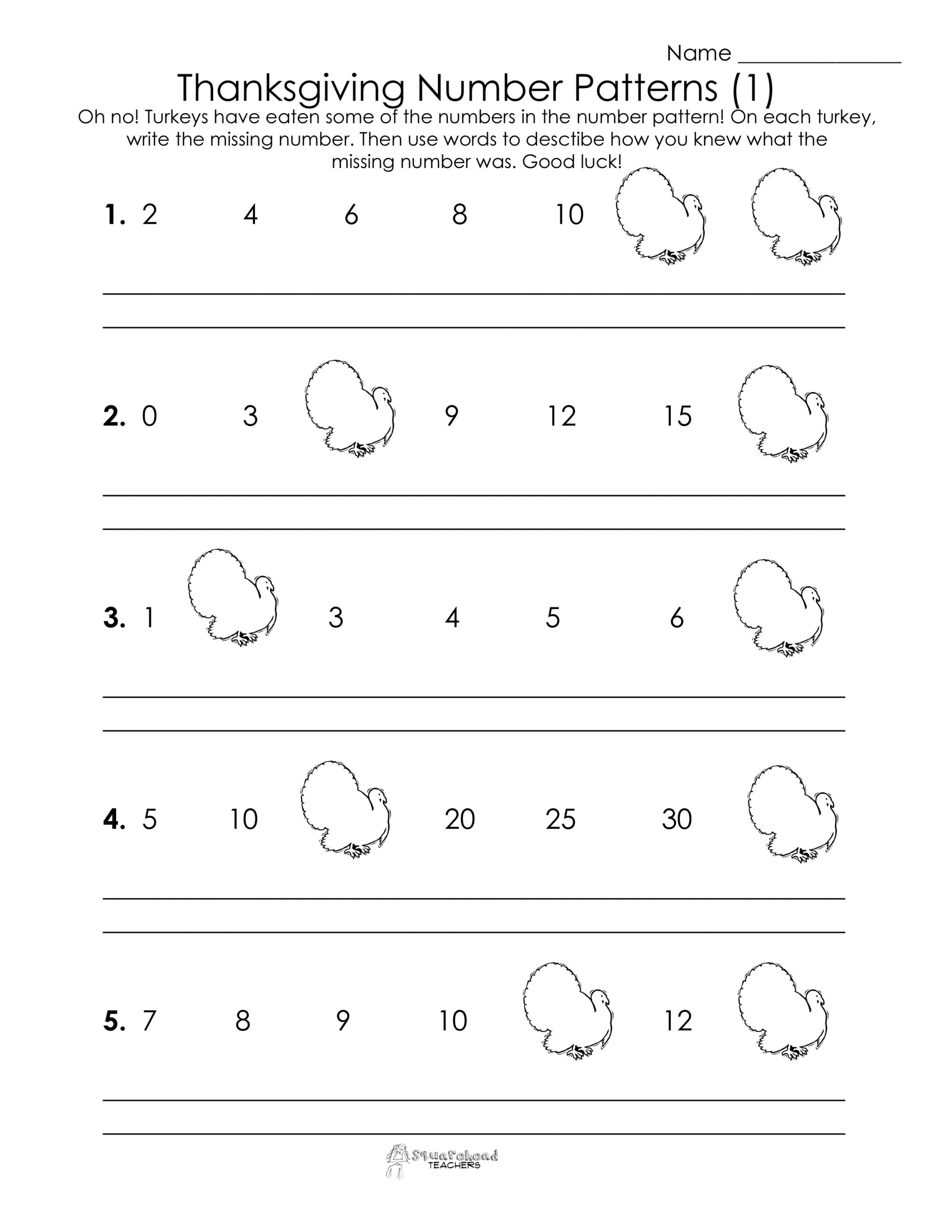 Thanksgiving Number Patterns Free Worksheets Squarehead Teachers