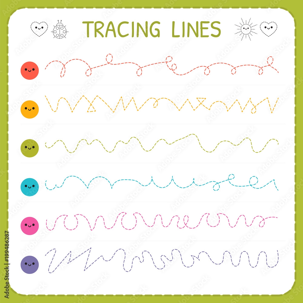 Tracing Lines Basic Writing Worksheet For Kids Working Pages For Children Trace The Pattern Preschool Or Kindergarten Worksheets Stock Vector Adobe Stock