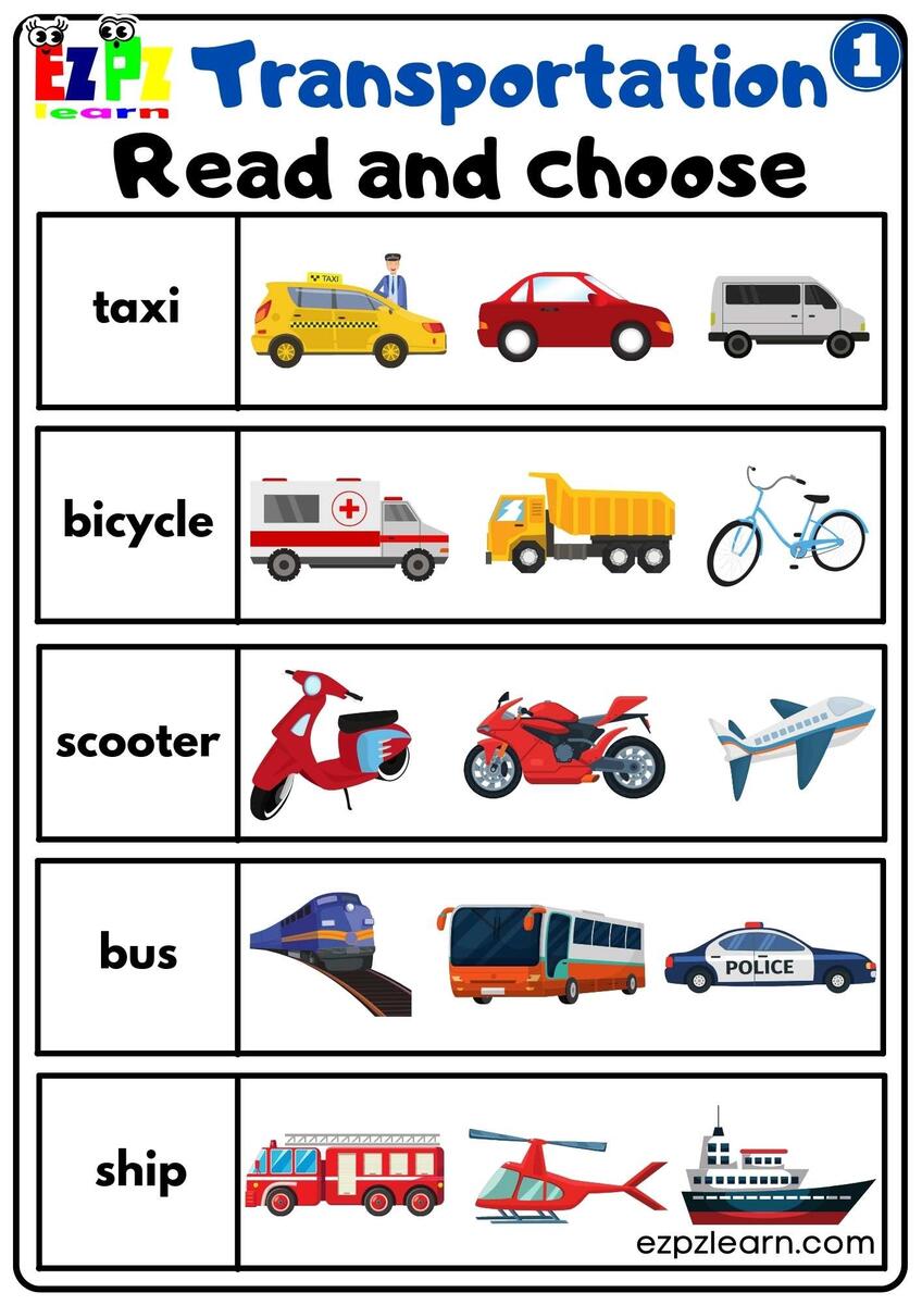 Transportation Vocabulary Read And Choose Worksheet Easy For Kids Free PDF Download Group 1 Ezpzlearn Transportation Vocabulary Read And Choose Worksheet Easy For Kids Free PDF Download Group 1 Ezpzlearn