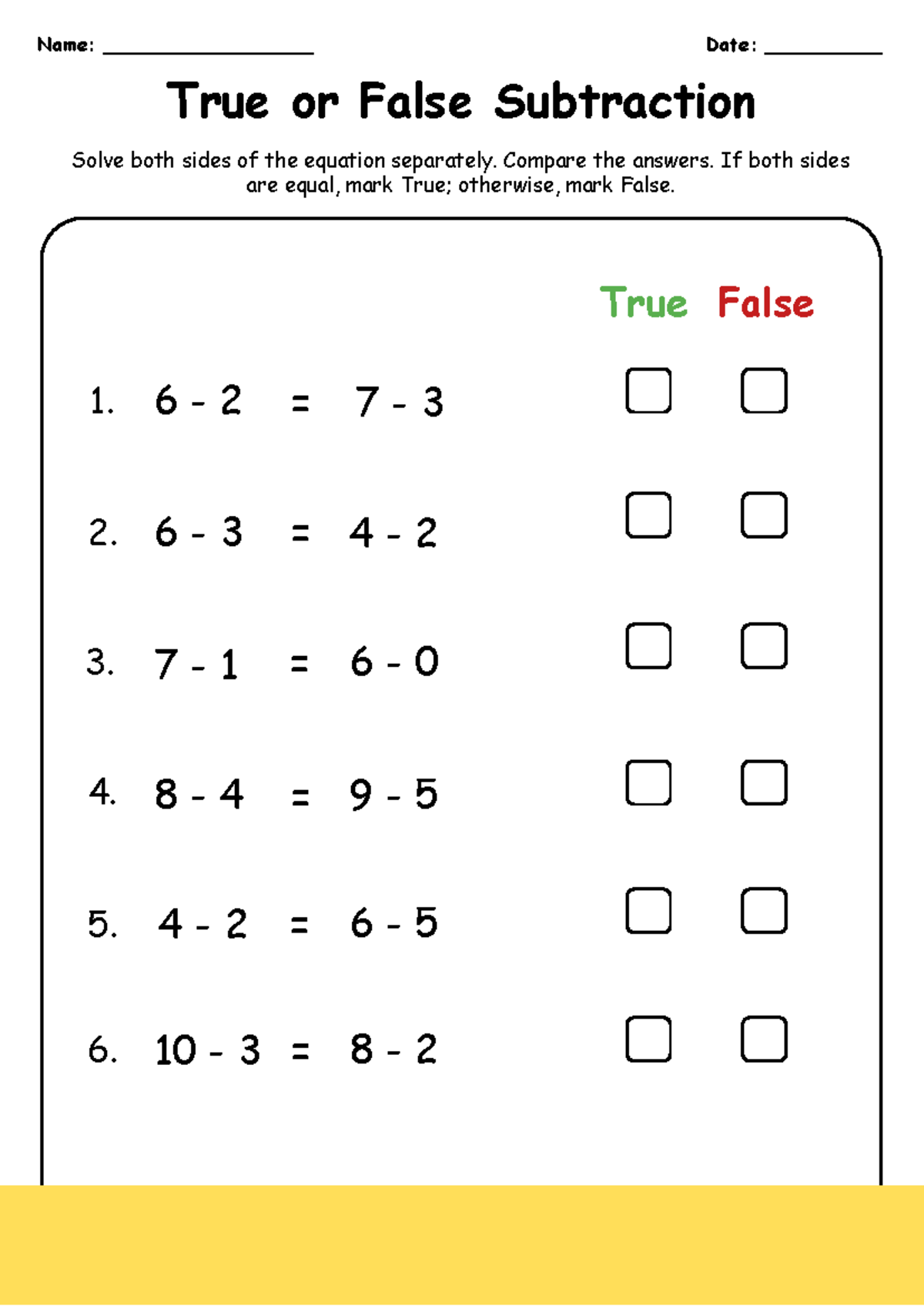 True Or False Subtraction 1st Grade Worksheet True Or False Subtraction Name Studocu True Or False Subtraction Worksheet For 1st Grade Free Printable