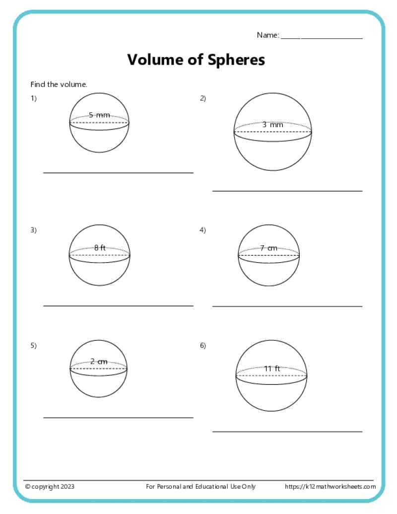 Volume And Surface Area Of Spheres K12 Math Worksheets