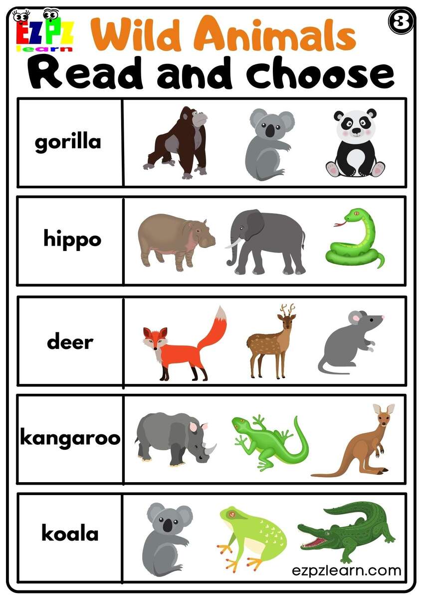 Wild Animals Read And Match Worksheet For Kids And ESL PDF Download Set 4 Ezpzlearn