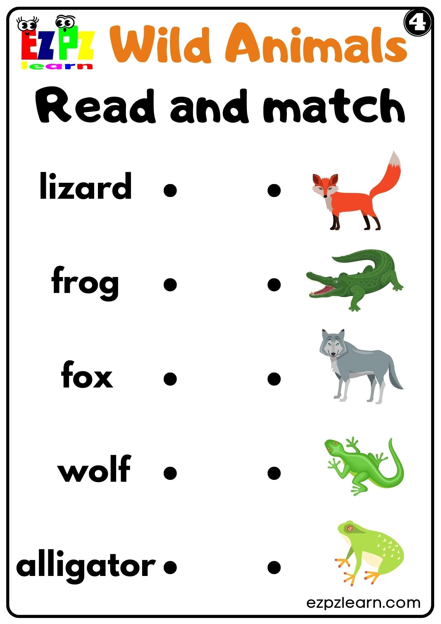 Wild Animals Read And Match Worksheet For Kids And ESL PDF Download Set 4 Ezpzlearn