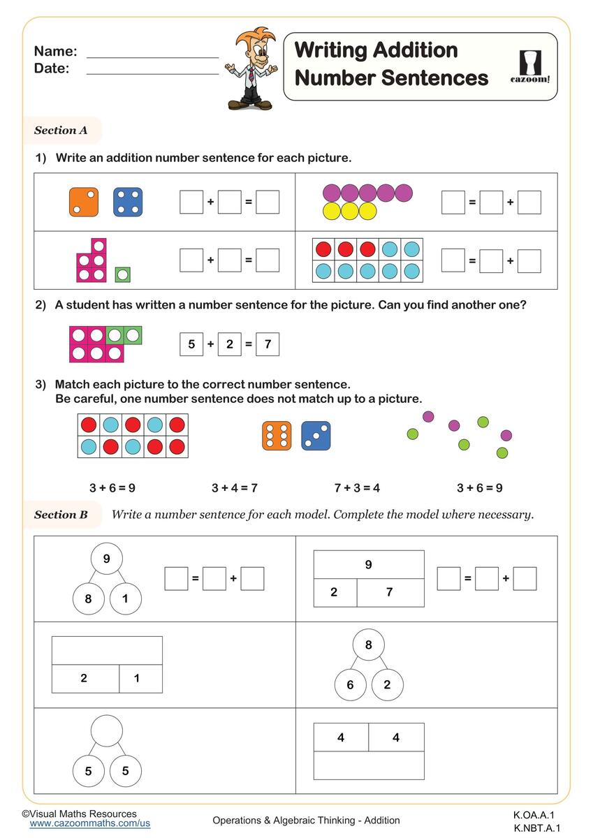 Writing Addition Number Sentences Worksheet Fun And Engaging Kindergarten Number Worksheet Cazoom Math